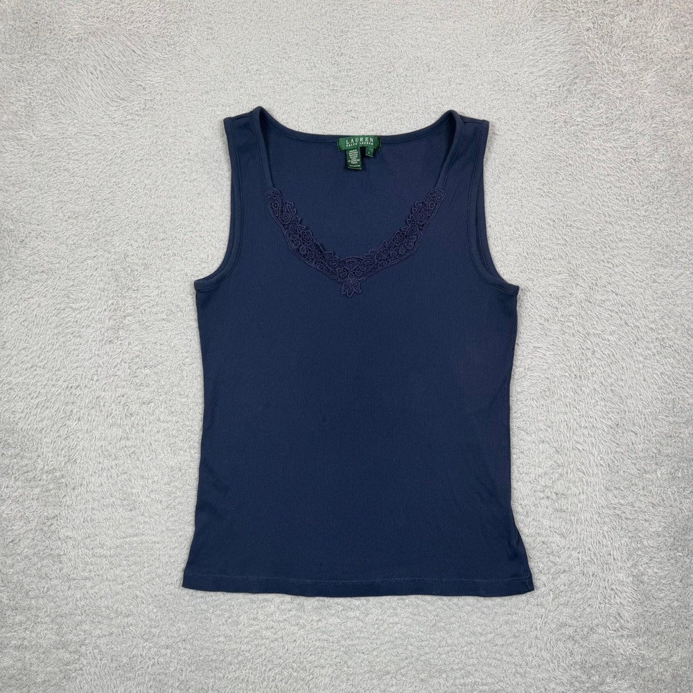 Lauren Ralph Lauren Navy Blue Ribbed Lace‎ Trim V-Neck Tank Top Womens Large